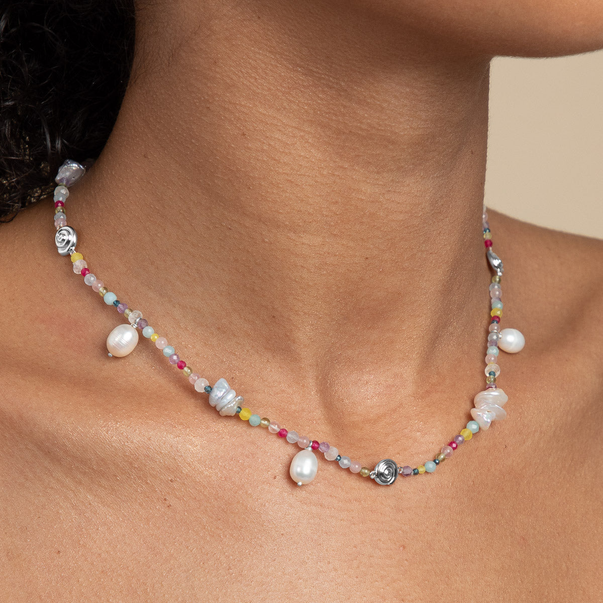 Gemstone Necklaces - Treasure Beaded Necklace in Silver - Necklaces - Astrid &amp; Miyu