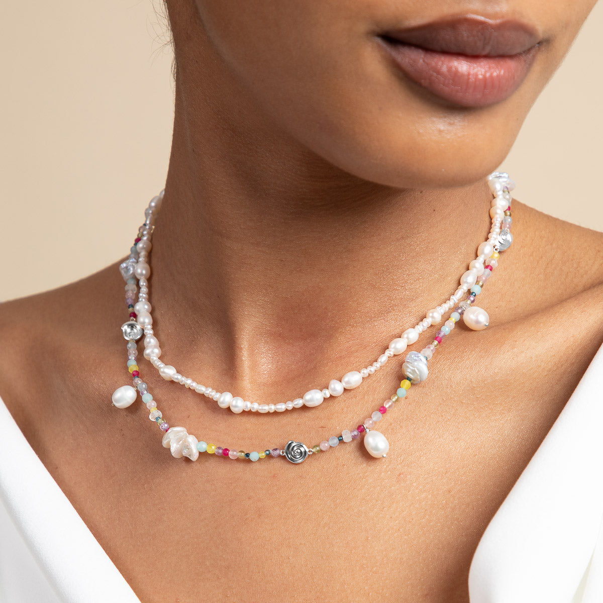 Gemstone Necklaces - Treasure Beaded Necklace in Silver - Necklaces - Astrid &amp; Miyu