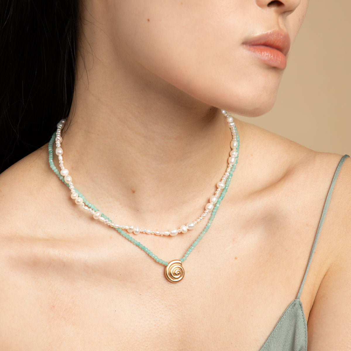 18k Gold Plated Jewellery - Amazonite Shell Pendant Necklace in Gold - Pendant Necklace - Astrid &amp; Miyu