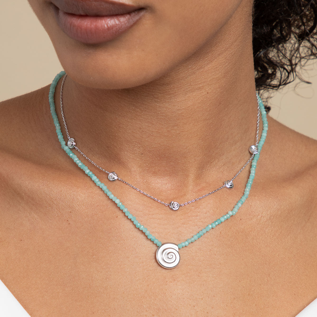 Gemstone Necklaces - Amazonite Shell Pendant Necklace in Silver - Pendant Necklace - Astrid &amp; Miyu