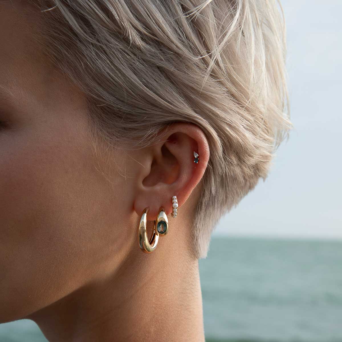 Gold Hoops - Blue Topaz Dome Hoops in Gold - Hoop Earrings - Astrid &amp; Miyu