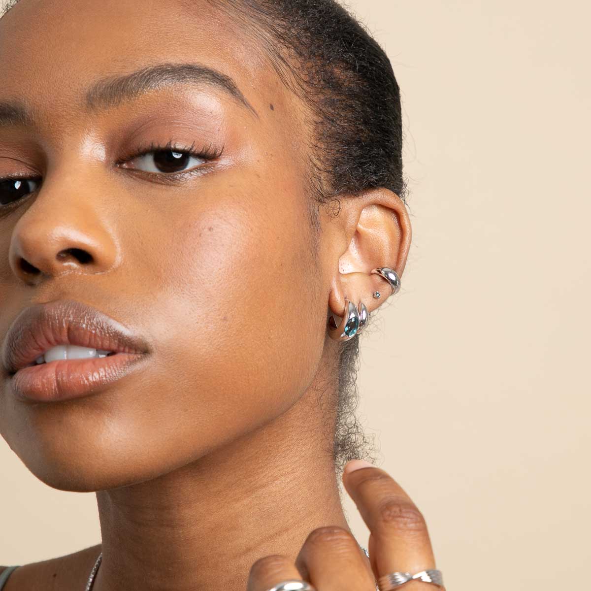 Blue Topaz Dome Hoops in Silver - Hoop Earrings - Astrid &amp; Miyu