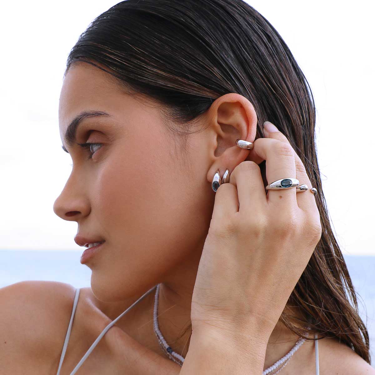 Blue Topaz Dome Hoops in Silver - Hoop Earrings - Astrid &amp; Miyu