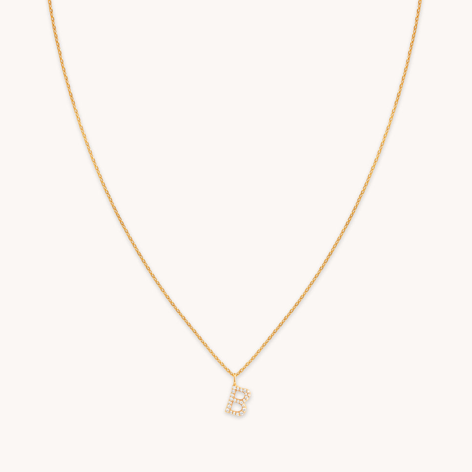 B Initial Pavé Pendant Necklace in Gold