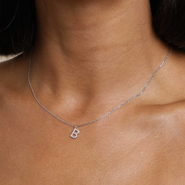 Gemstone Necklaces - B Initial Pavé Pendant Necklace in Silver - Pendant Necklace - Astrid & Miyu