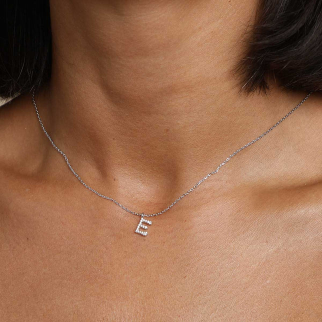 Gemstone Necklaces - E Initial Pavé Pendant Necklace in Silver - Pendant Necklace - Astrid & Miyu