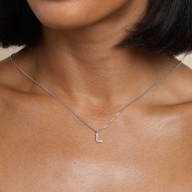 Gemstone Necklaces - L Initial Pavé Pendant Necklace in Silver - Pendant Necklace - Astrid & Miyu