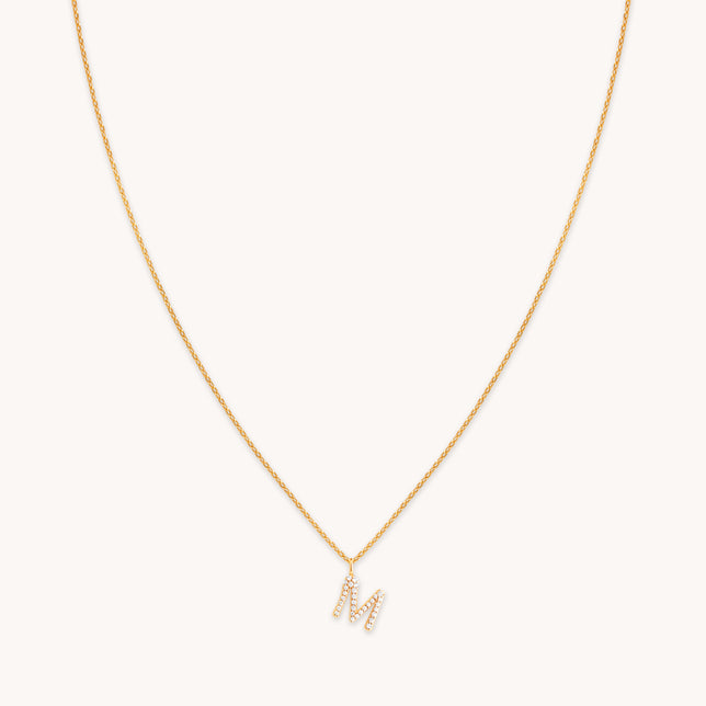 M Initial Pavé Pendant Necklace in Gold