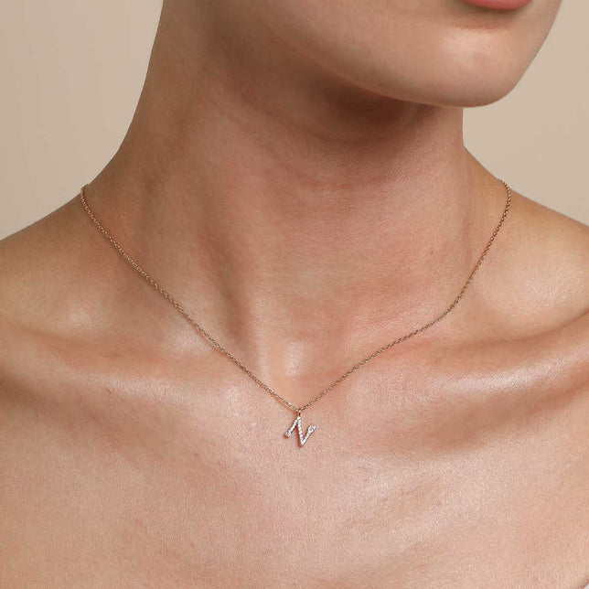 18k Gold Plated Jewellery - N Initial Pavé Pendant Necklace in Gold - Pendant Necklace - Astrid & Miyu