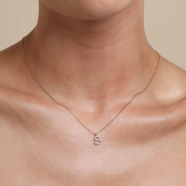 18k Gold Plated Jewellery - S Initial Pavé Pendant Necklace in Gold - Pendant Necklace - Astrid & Miyu