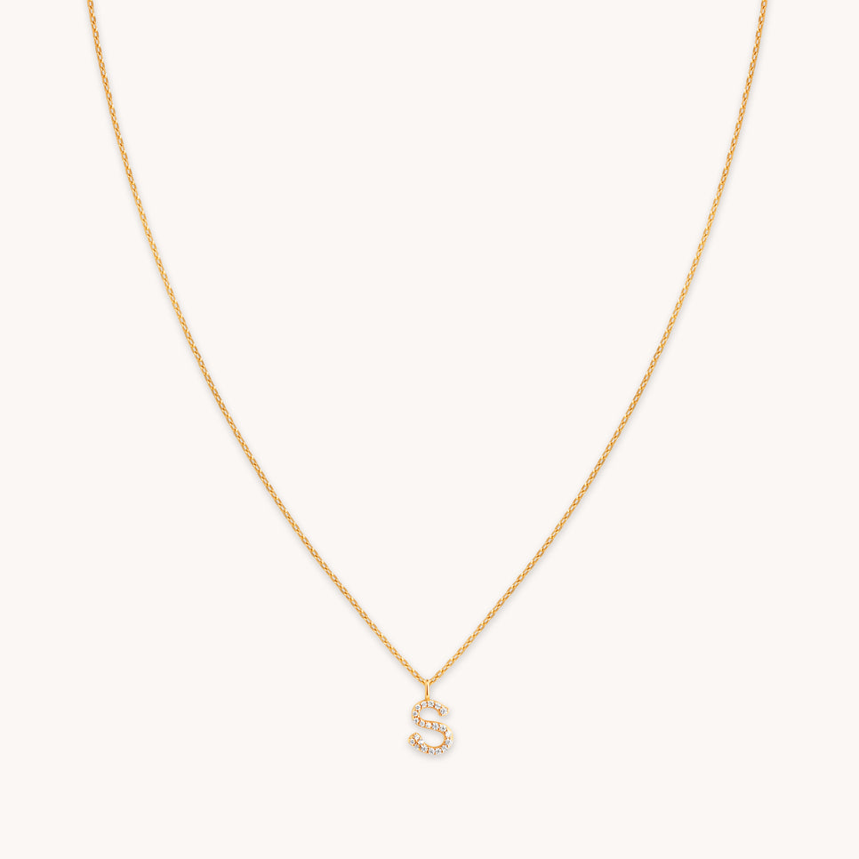 S Initial Pavé Pendant Necklace in Gold