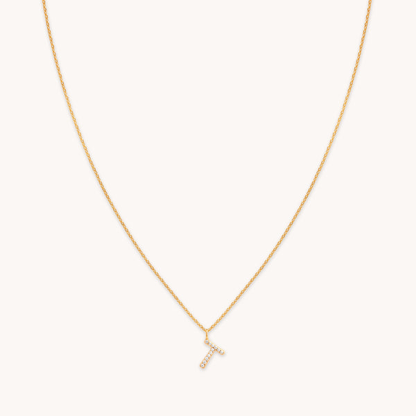 18k Gold Plated Jewellery - T Initial Pavé Pendant Necklace in Gold - Pendant Necklace - Astrid &amp; Miyu