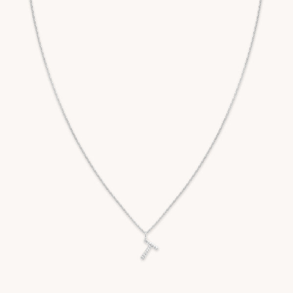 Gemstone Necklaces - T Initial Pavé Pendant Necklace in Silver - Pendant Necklace - Astrid &amp; Miyu