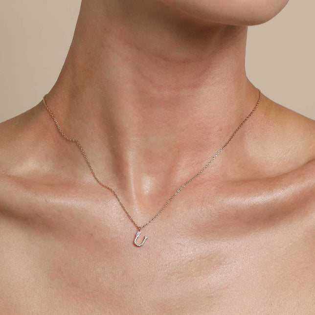 18k Gold Plated Jewellery - U Initial Pavé Pendant Necklace in Gold - Pendant Necklace - Astrid & Miyu