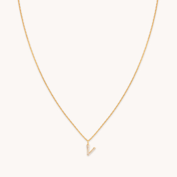 18k Gold Plated Jewellery - V Initial Pavé Pendant Necklace in Gold - Pendant Necklace - Astrid &amp; Miyu