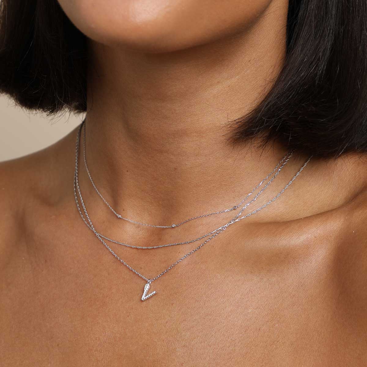 Gemstone Necklaces - V Initial Pavé Pendant Necklace in Silver - Pendant Necklace - Astrid &amp; Miyu