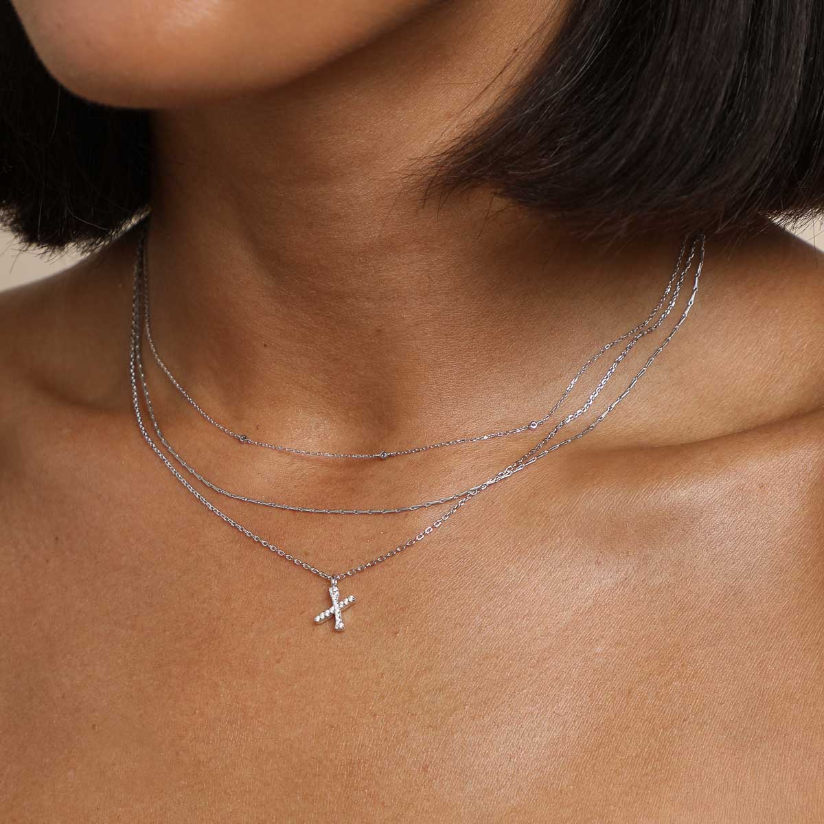 Gemstone Necklaces - X Initial Pavé Pendant Necklace in Silver - Pendant Necklace - Astrid &amp; Miyu