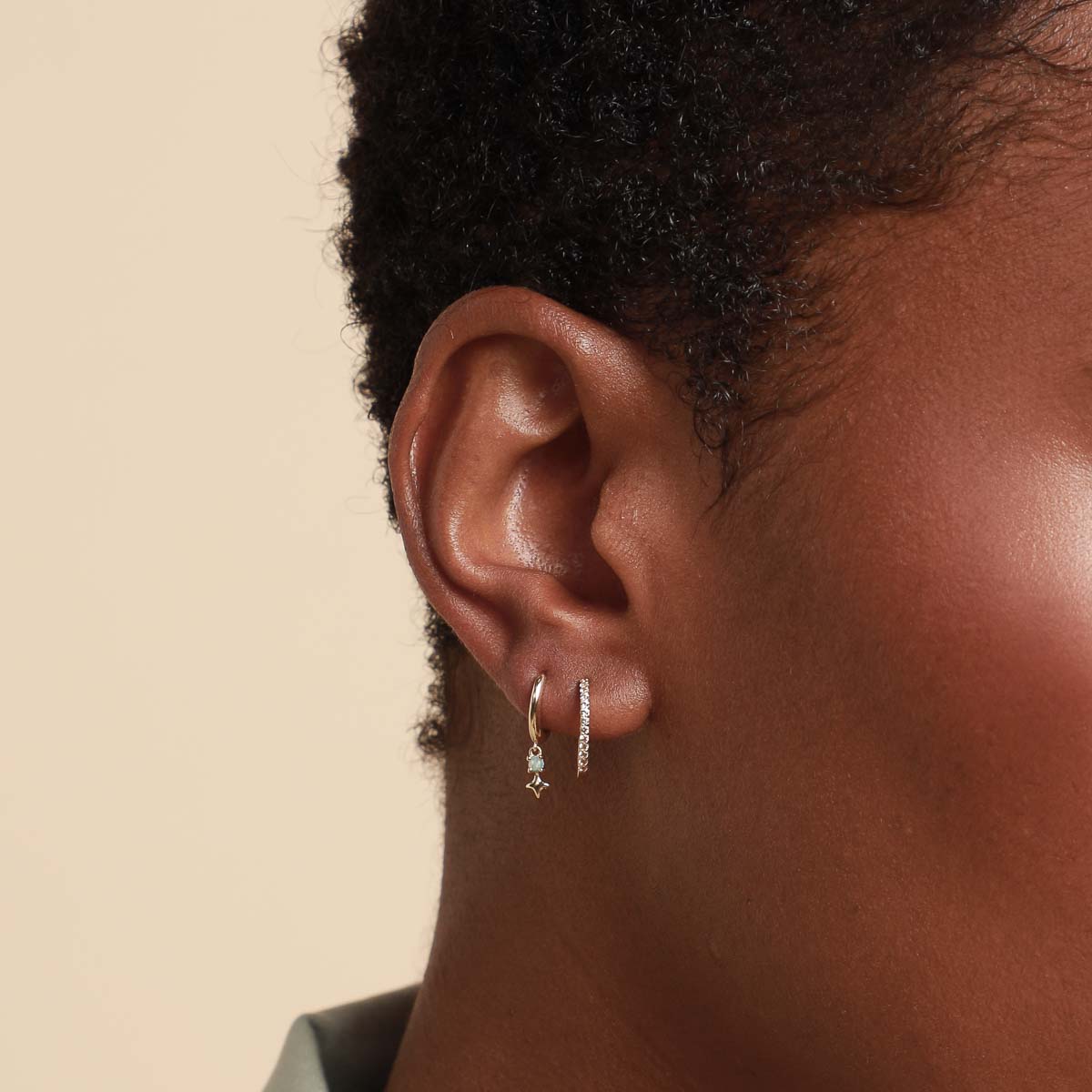 14k Gold Opal & Topaz - Cosmic Star Opal Charm Huggies in Solid Gold - Huggies - Astrid &amp; Miyu