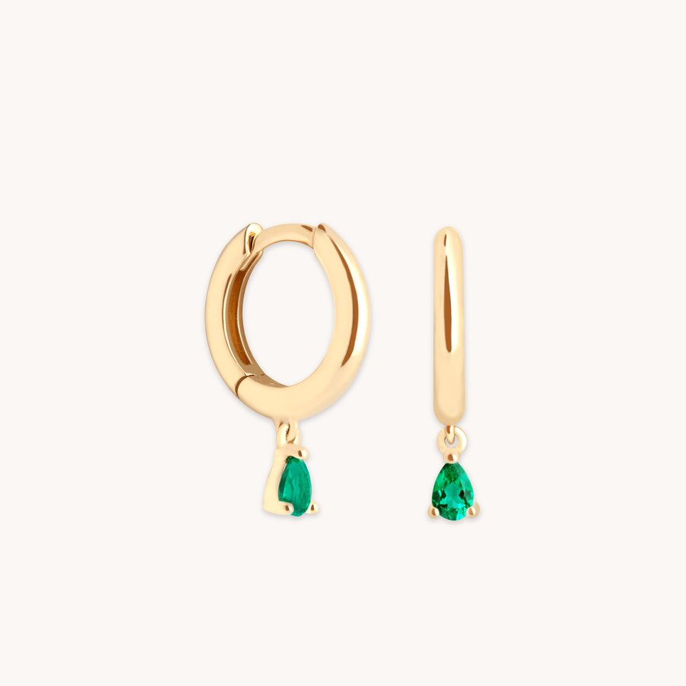 Emerald Pear Charm Huggies in Solid Gold