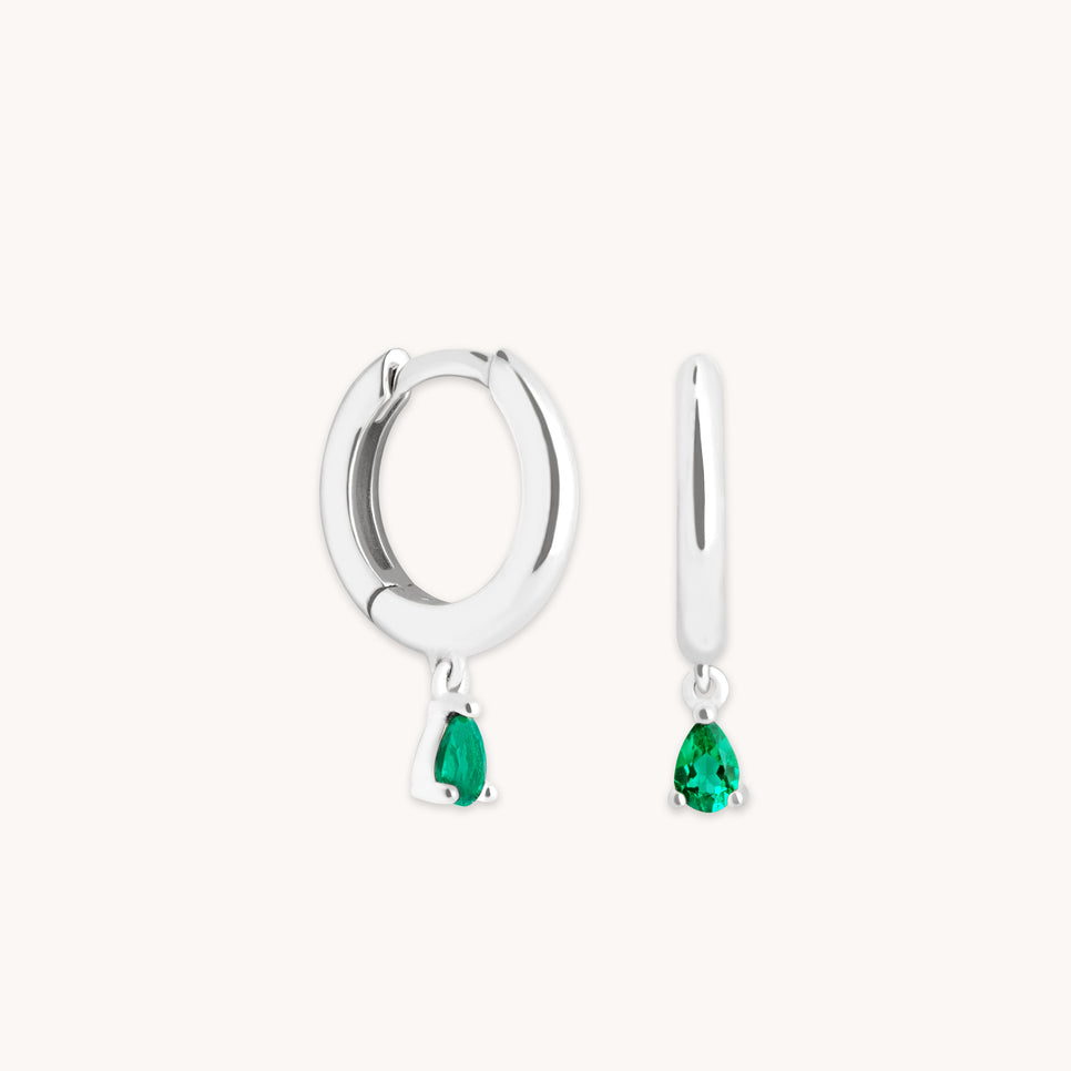 Emerald Pear Charm Huggies in Solid White Gold
