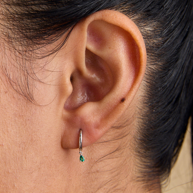 Earrings - Emerald Pear Charm Huggies in Solid White Gold - Huggies - Astrid & Miyu