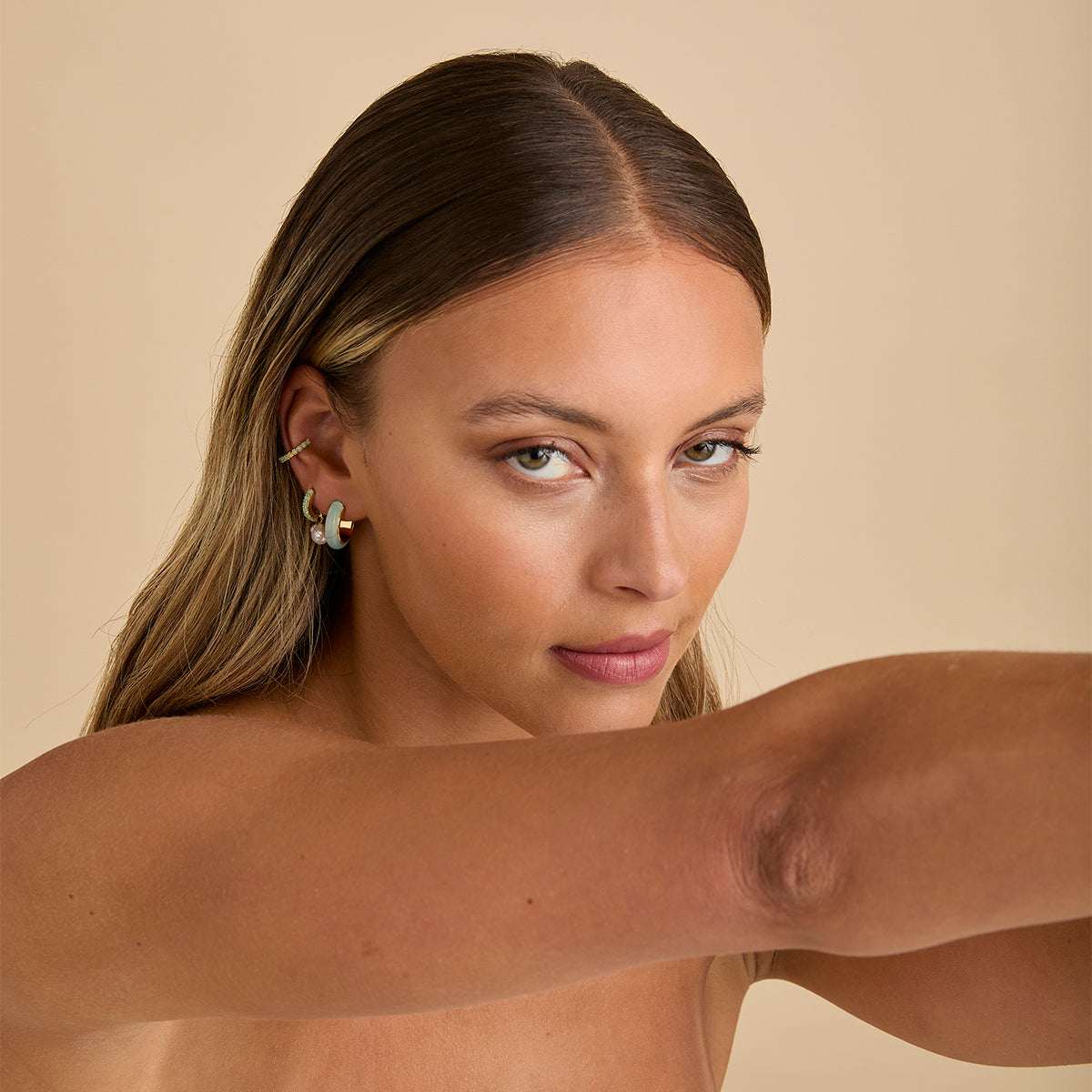 18k Gold Plated Jewellery - Aqua Chalcedony Carved Dome Hoops in Gold - Hoop Earrings - Astrid &amp; Miyu