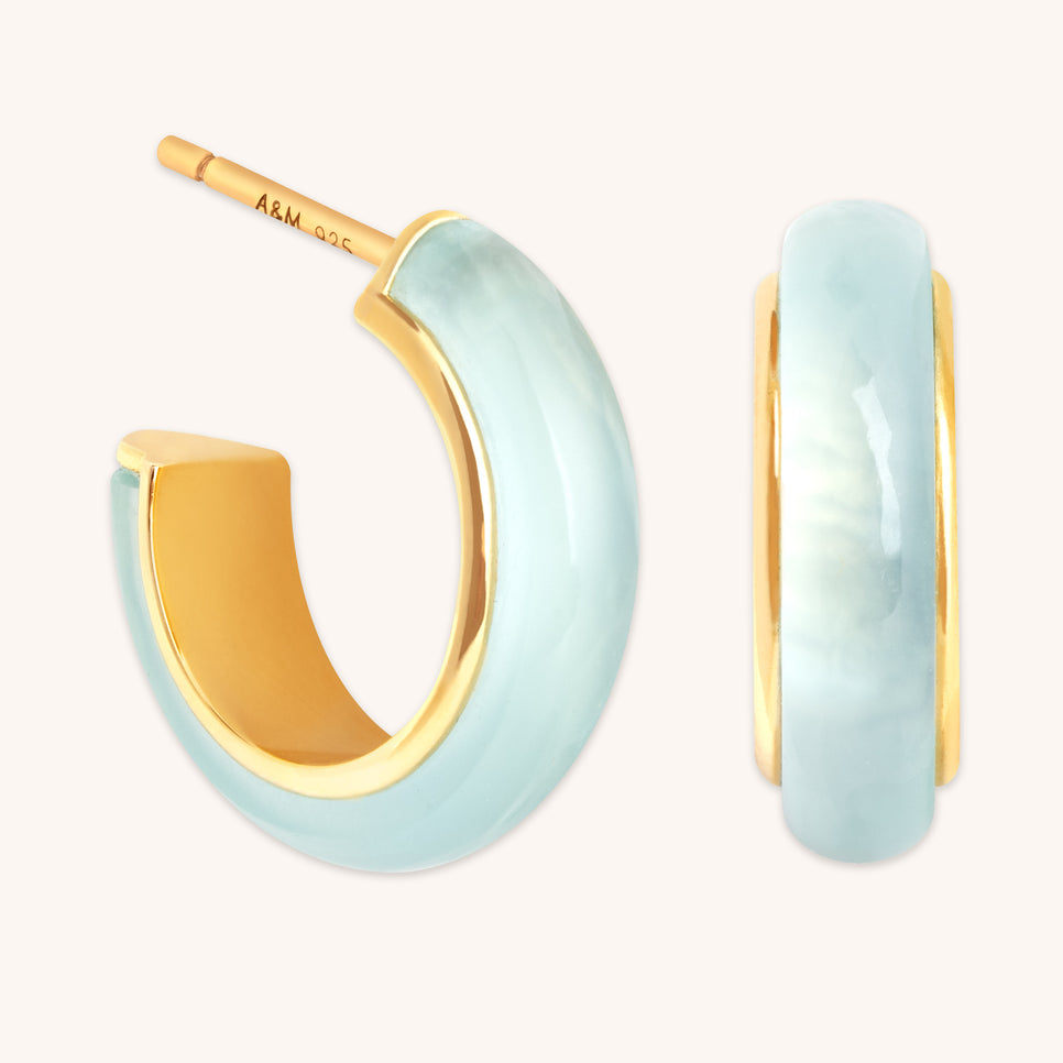 18k Gold Plated Jewellery - Aqua Chalcedony Carved Dome Hoops in Gold - Hoop Earrings - Astrid &amp; Miyu