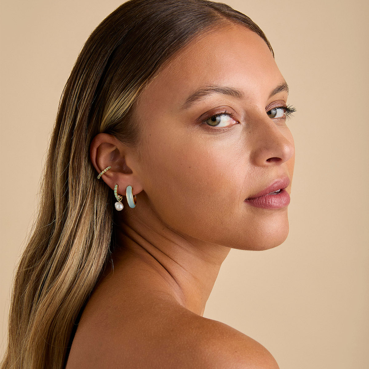 18k Gold Plated Jewellery - Aqua Chalcedony Carved Dome Hoops in Gold - Hoop Earrings - Astrid &amp; Miyu