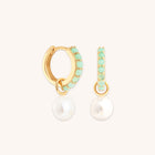 18k Gold Plated Jewellery - Aqua & Pearl Charm Huggies in Gold - Huggies - Astrid &amp; Miyu