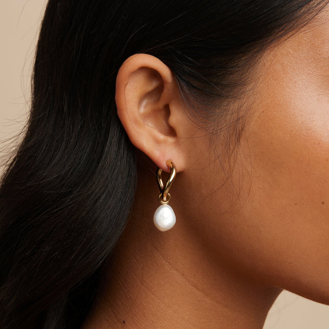 18k Gold Plated Jewellery - Serenity Pearl Charm Hoops in Gold - Hoop Earrings - Astrid & Miyu