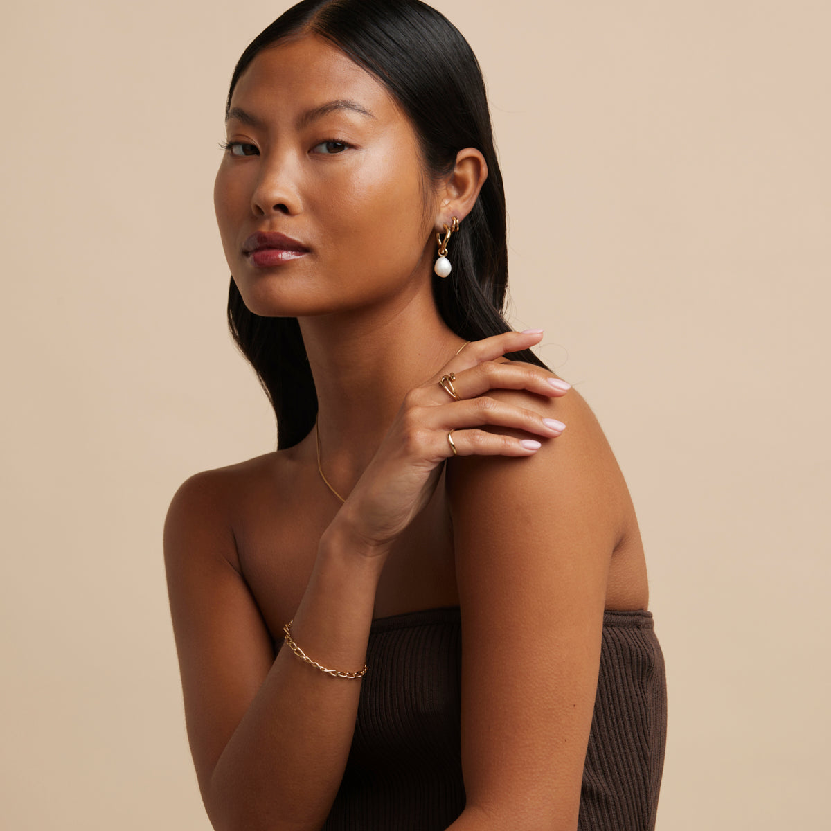 18k Gold Plated Jewellery - Serenity Pearl Charm Hoops in Gold - Hoop Earrings - Astrid &amp; Miyu