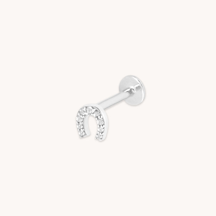 Flat Back Labret Studs - Pavé Horseshoe Piercing Stud in Solid White Gold - Piercing Stud - Astrid &amp; Miyu