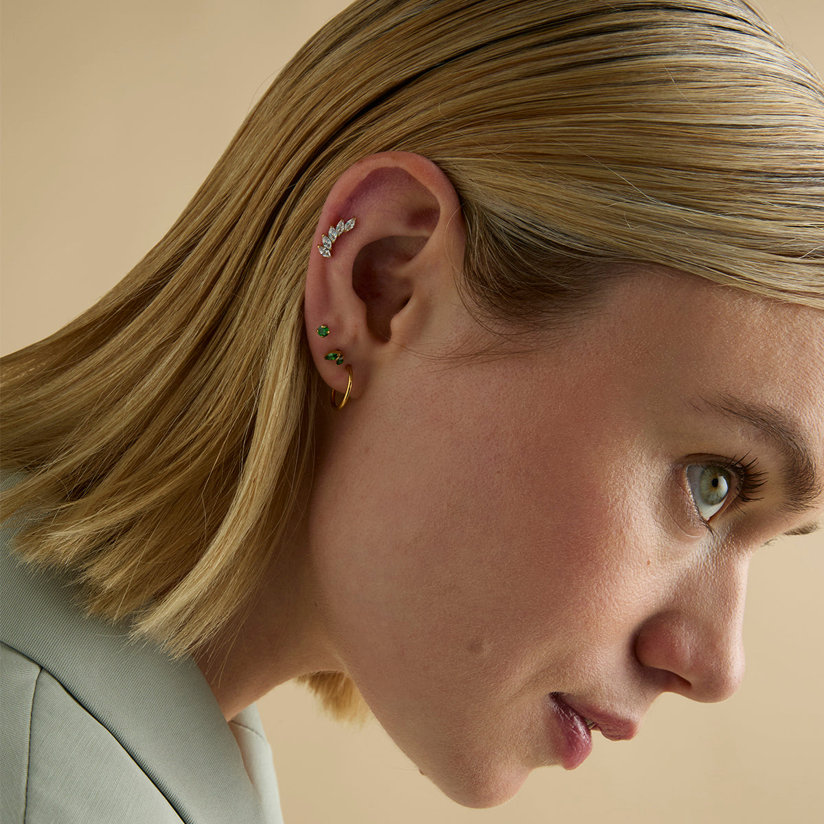 Conch Piercing Jewellery - Green Double Marquise Titanium Piercing Stud in Gold - Piercing Stud - Astrid &amp; Miyu