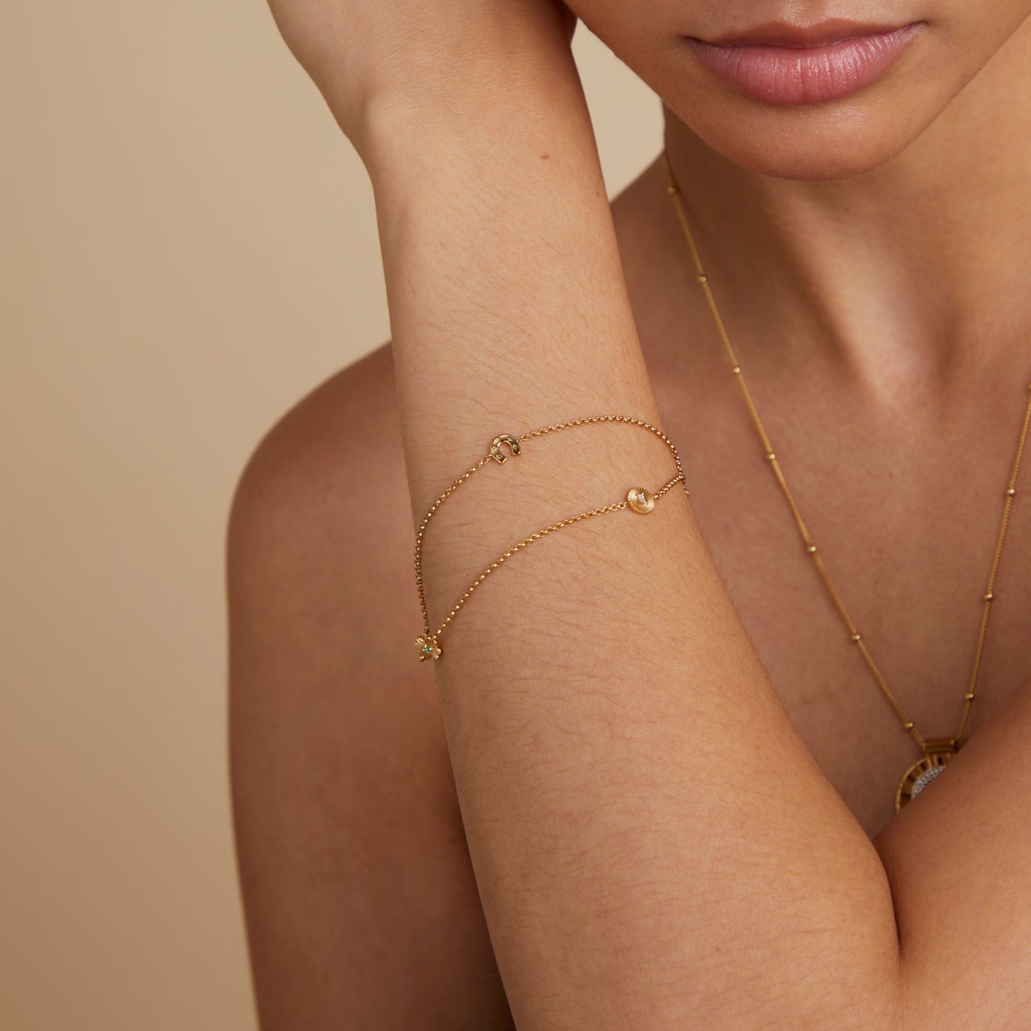 18k Gold Plated Jewellery - Lucky Charm Double Chain Bracelet in Gold - Charm Bracelet - Astrid &amp; Miyu
