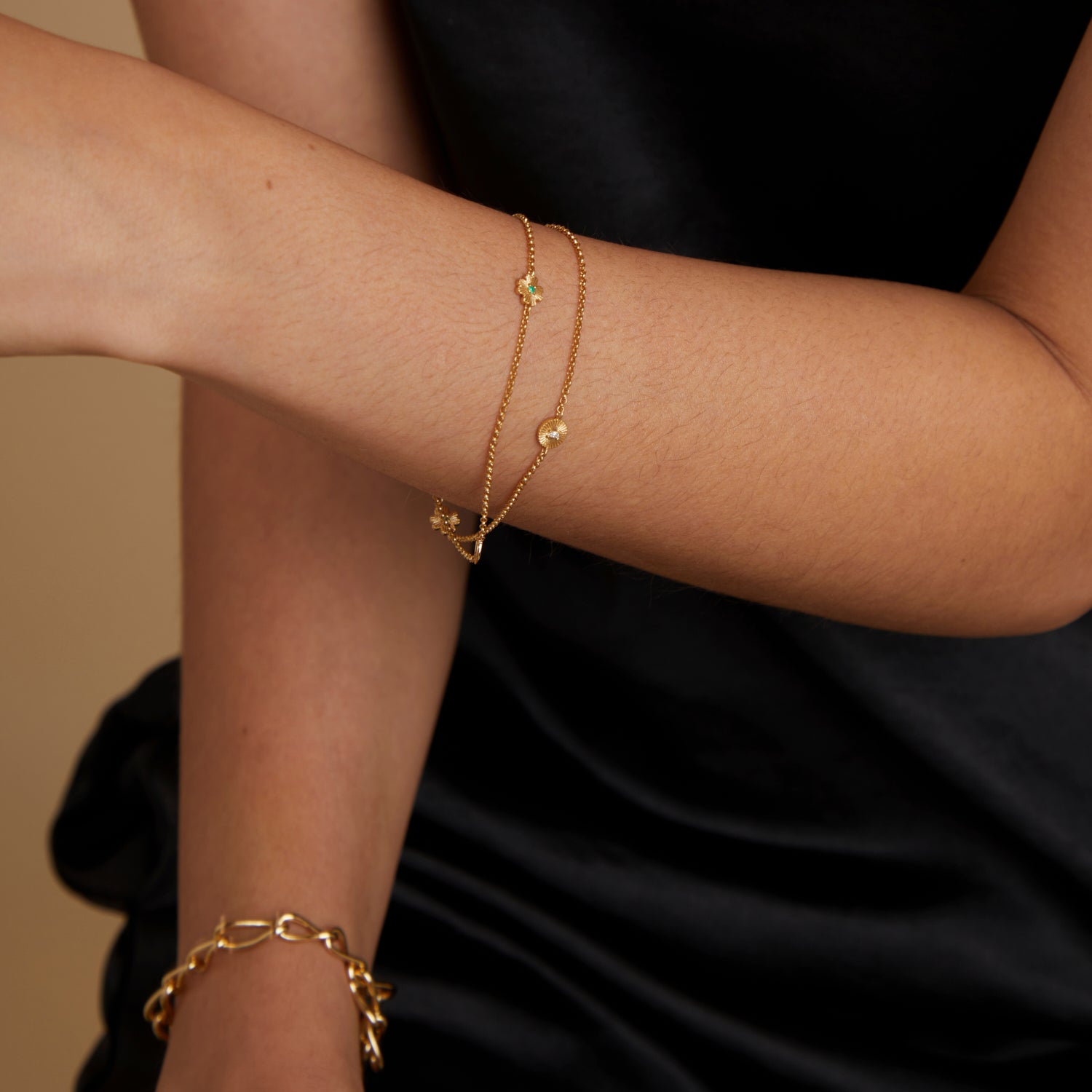 18k Gold Plated Jewellery - Lucky Charm Double Chain Bracelet in Gold - Charm Bracelet - Astrid &amp; Miyu