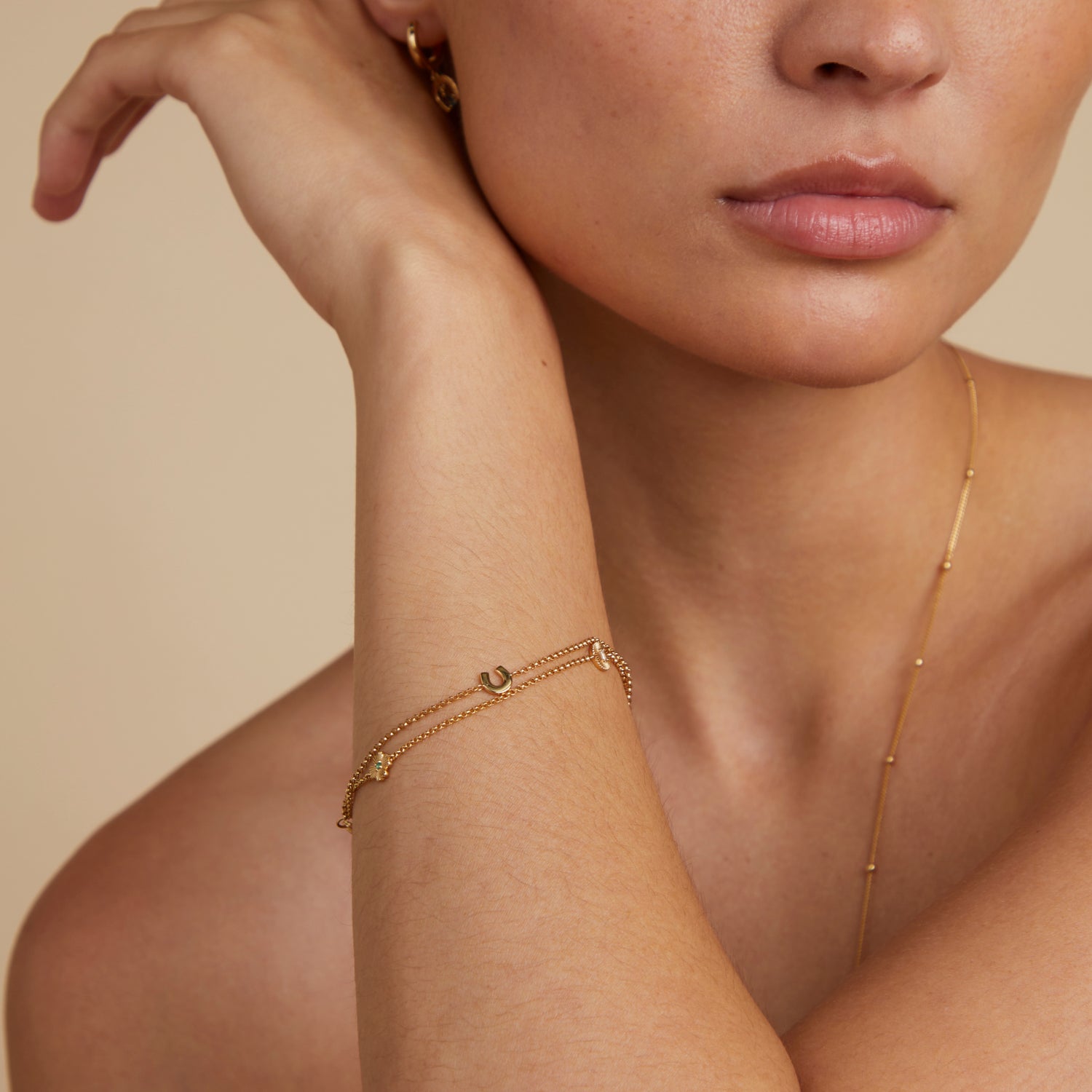 18k Gold Plated Jewellery - Lucky Charm Double Chain Bracelet in Gold - Charm Bracelet - Astrid &amp; Miyu