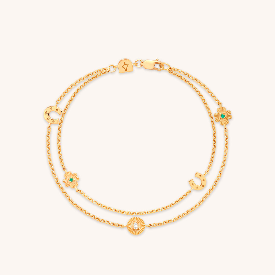 18k Gold Plated Jewellery - Lucky Charm Double Chain Bracelet in Gold - Charm Bracelet - Astrid &amp; Miyu