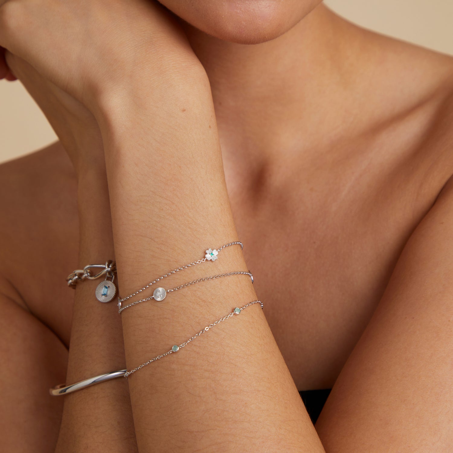 Bracelets - Lucky Charm Double Chain Bracelet in Silver - Charm Bracelet - Astrid &amp; Miyu