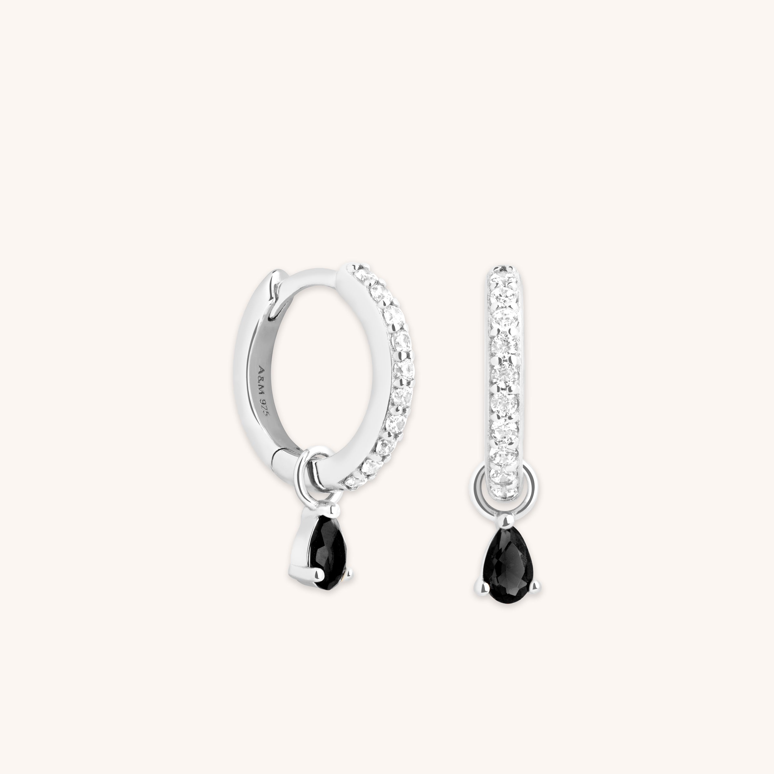 Black Pear Charm Huggies in Silver-Astrid &amp; Miyu
