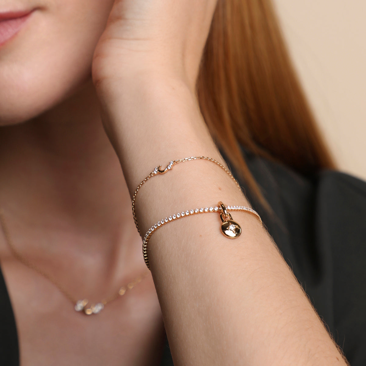 Crescent Moon Pendant Bracelet in Gold-Astrid &amp; Miyu