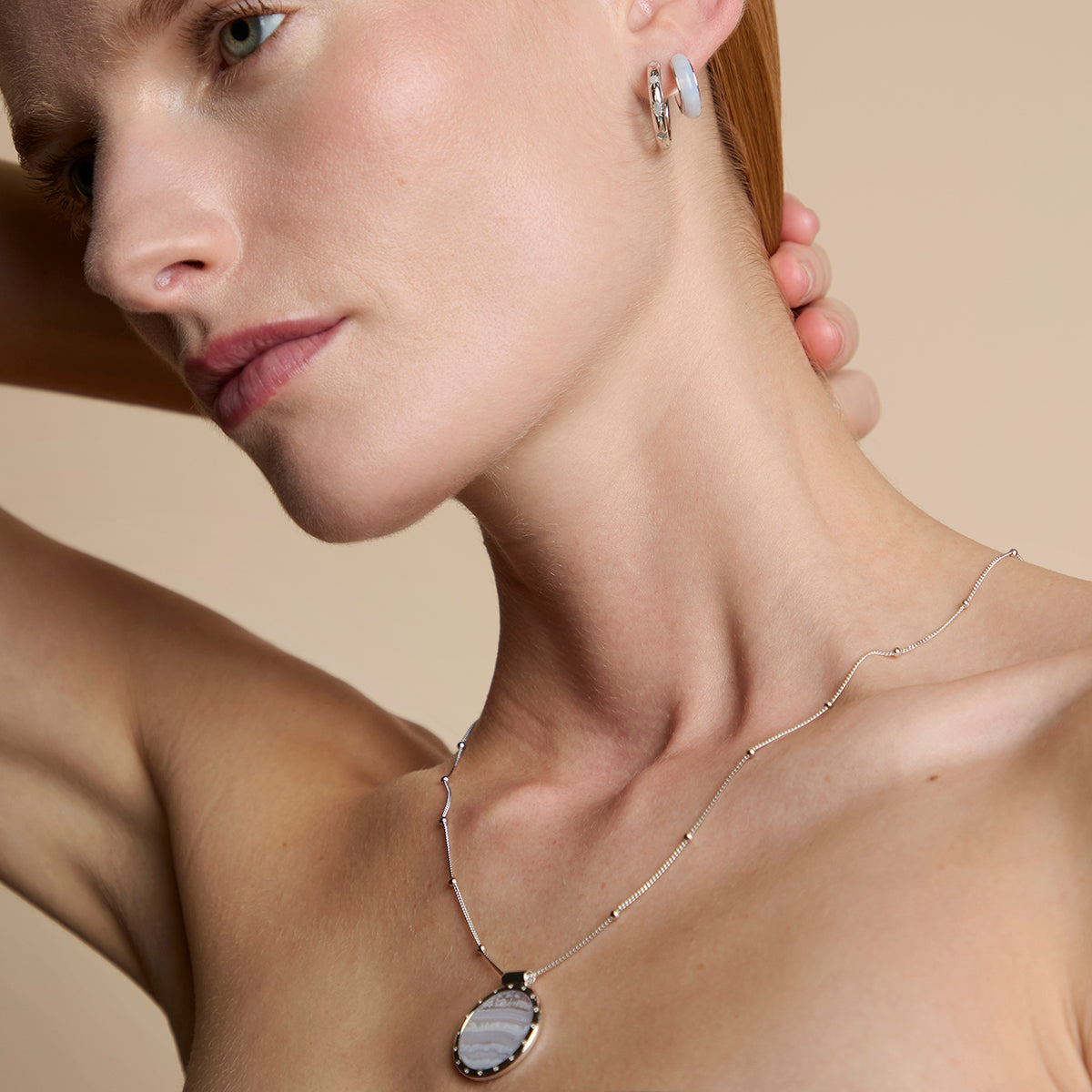 Blue Lace Agate Stone Hoops in Silver-Astrid &amp; Miyu