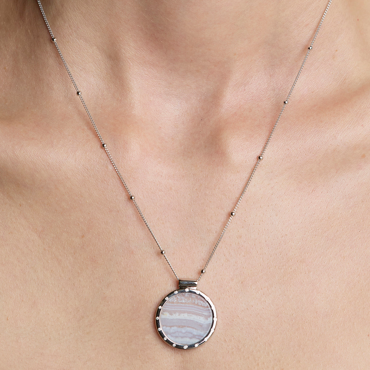 Blue Lace Agate Pendant Necklace in Silver-Astrid &amp; Miyu