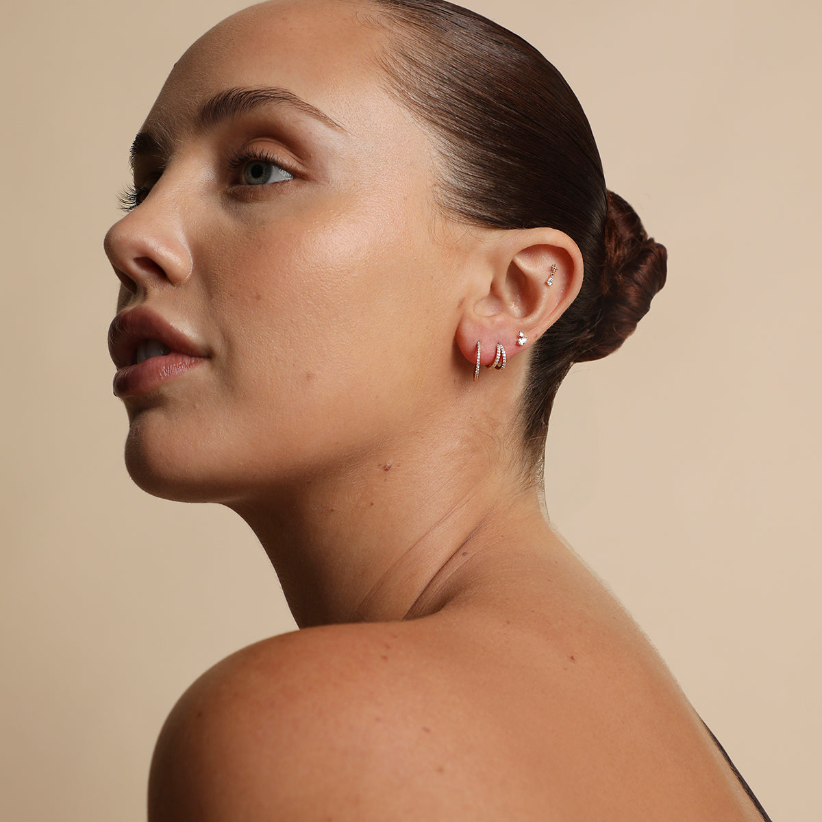 Diamond Double Gem Piercing Stud in Solid Gold-Astrid &amp; Miyu