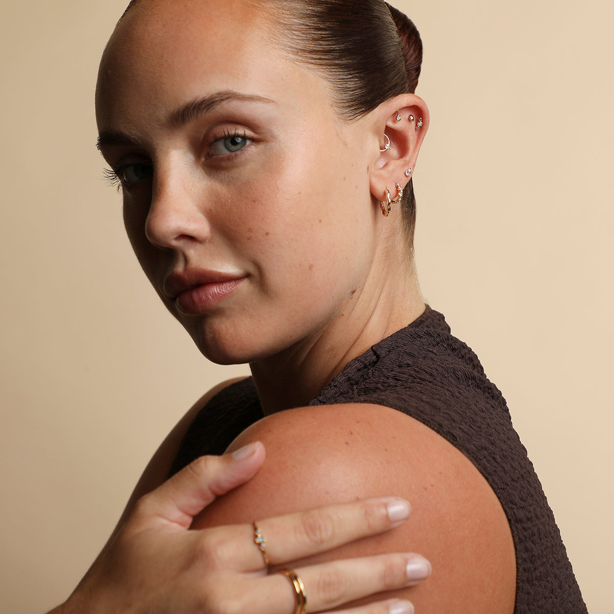 White Topaz Pear Daith Hoop in Solid Gold-Astrid &amp; Miyu