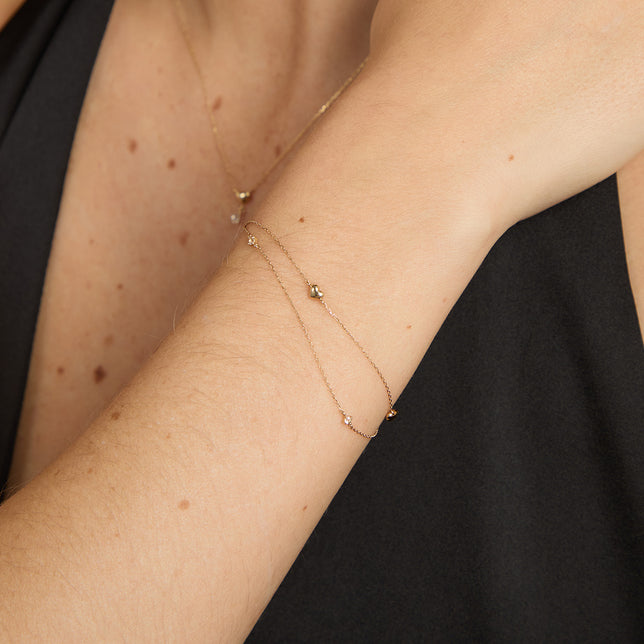 Bracelets - Heart Charm Double Chain Bracelet in Solid Gold - Charm Bracelets - Astrid & Miyu