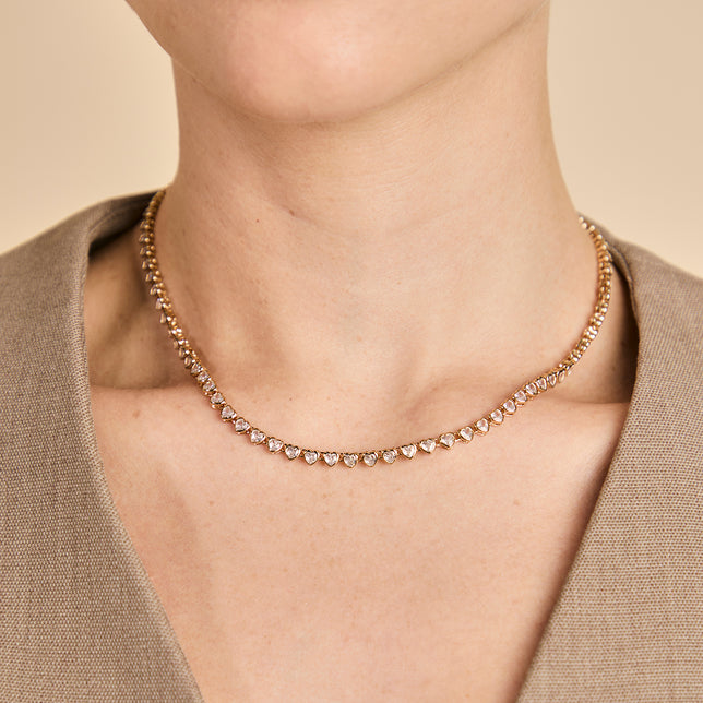 18k Gold Plated Jewellery - Heart Bezel Tennis Necklace in Gold - Necklaces - Astrid & Miyu