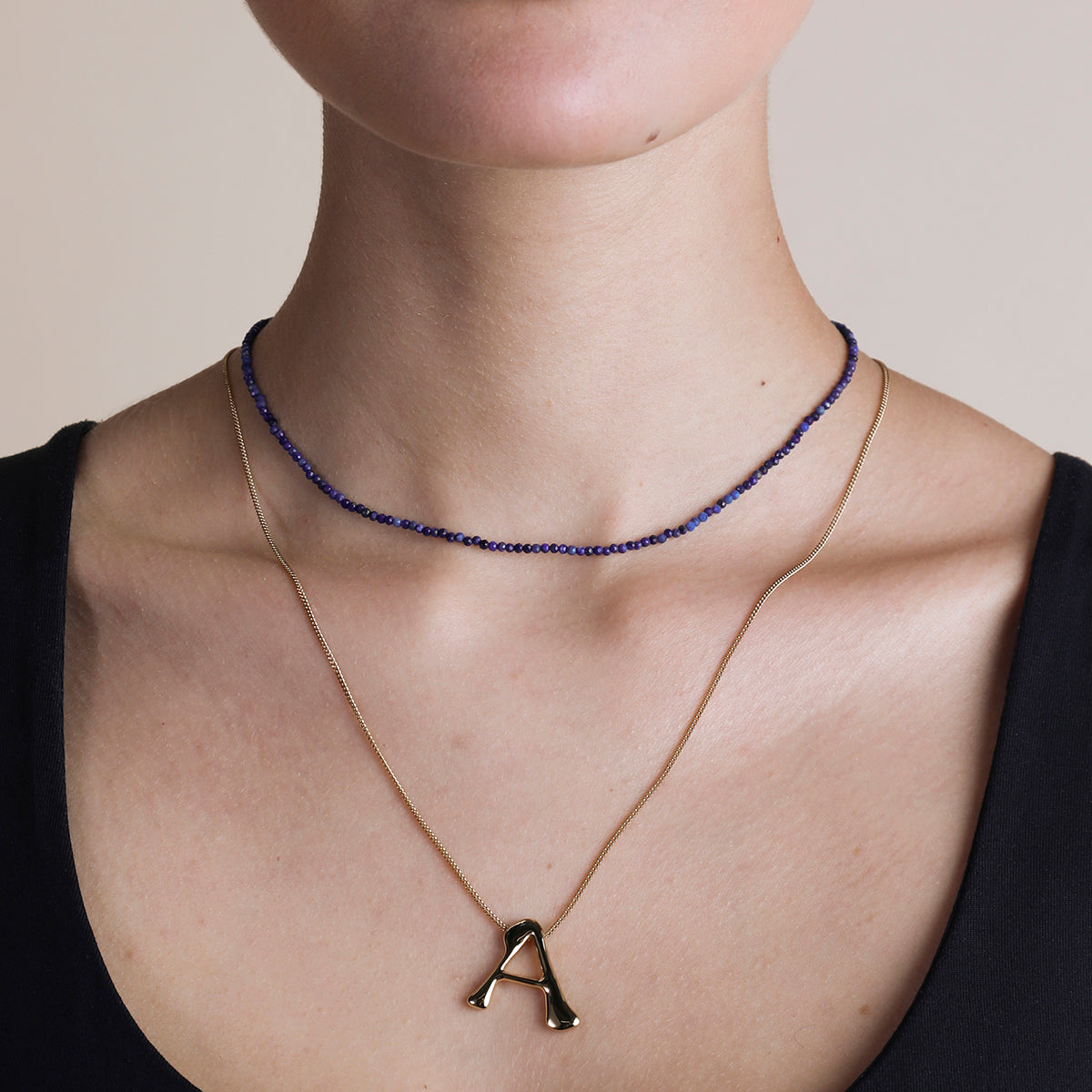 Lazurite September Beaded Necklace in Solid Gold-Astrid &amp; Miyu