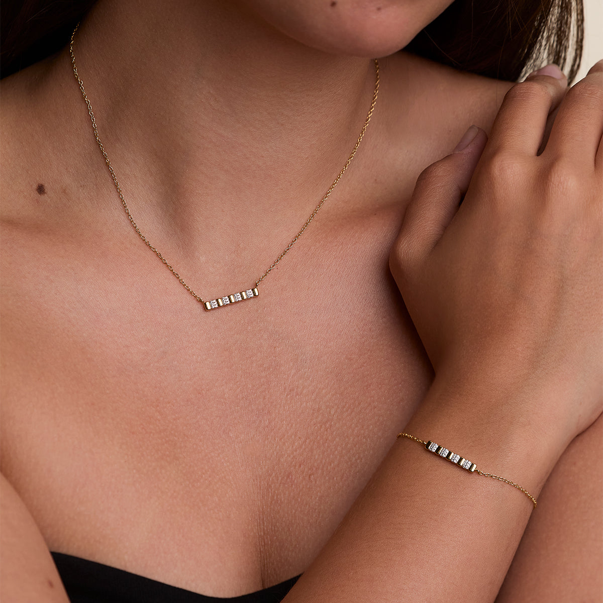 Crystal Ridged Bar Pendant Bracelet in Gold-Astrid &amp; Miyu