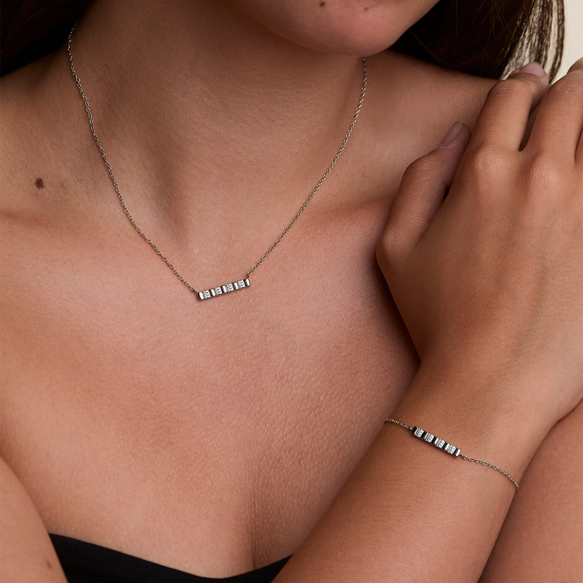 Crystal Ridged Bar Pendant Necklace in Silver-Astrid &amp; Miyu