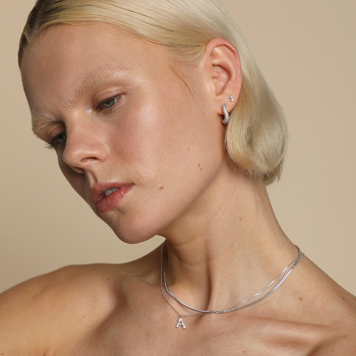 Square Crystal Double Titanium Piercing Stud in Platinum-Astrid &amp; Miyu